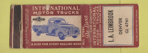 Matchbook Cover International Harvester Trucks IA Leimbrook Denver Colorado WORN