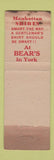 Matchbook Cover - Bear's Cafeteria York PA Lion Canada 1929 WORN