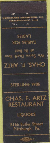 Matchbook Cover - Chas Artz Restaurant Pittsburgh PA Merchants