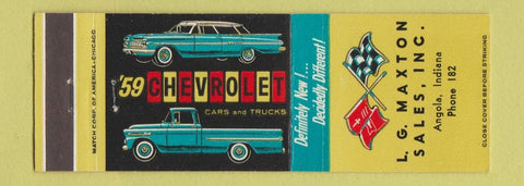 Matchbook Cover - 1959 Chevrolet LG Maxton Angola IN low phone #