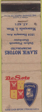 Matchbook Cover - Slawik Motors DeSoto Plymouth Minneapolis MN WORN