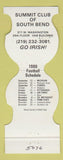 Matchbook Cover - Notre Dame Irish Football 1986 Summit Club South Bend IN