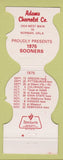 Matchbook Cover - Oklahoma Sooners Football 1975 Adams Chevrolet Norman OK