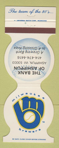 Matchbook Cover - Milwaukee Brewers Baseball 1985 Bank Ashippun WI