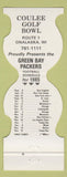 Matchbook Cover - Green Bay Packers Football 1985 Coulee Golf Bowl Onalaska WI
