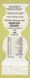 Matchbook Cover - Green Bay Packers Football 1981 Walker's Beaver Dam WI
