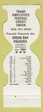 Matchbook Cover - Green Bay Packers Football 1984 Trane Employees Credit Union