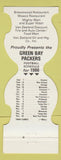 Matchbook Cover - Green Bay Packers Football 1986 Restaurants