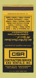 Matchbook Cover - Contractors Service Rentals Charlotte Raleigh NC 30 Stk SAMPLE