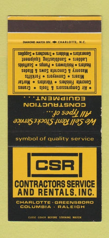 Matchbook Cover - Contractors Service Rentals Charlotte Raleigh NC 30 Stk SAMPLE