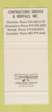 Matchbook Cover - Contractors Service Rentals Charlotte Raleigh NC 30 Stk SAMPLE