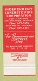 Matchbook Cover - Independent Concrete Pipe Corp Indianapolis IN 30 Stk SAMPLE