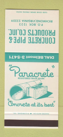Matchbook Cover - Paracrete Concrete Pipe Richmond VA 30 Stk SAMPLE