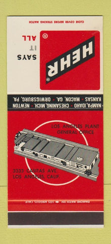 Matchbook Cover - Hehr Windows Los Angeles CA Macon GA 30 Stk SAMPLE