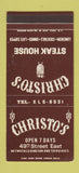 Matchbook Cover - Christo's Steak House New York City 30 Stk SAMPLE