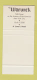 Matchbook Cover - The Warwick Hotel New York City 30 Stk SAMPLE