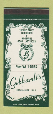 Matchbook Cover - Gebhardt's Restaurant Glendale LI NY 30 Stk SAMPLE