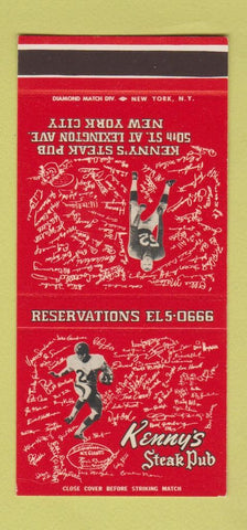 Matchbook Cover - Kenny's Steak Pub New York City Football RED 30 Stk SAMPLE