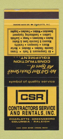 Matchbook Cover Contractors Service Rentals Greensboro Columbia NC 30 Stk SAMPLE