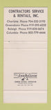 Matchbook Cover Contractors Service Rentals Greensboro Columbia NC 30 Stk SAMPLE