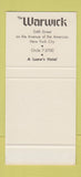 Matchbook Cover - Warwick Hotel New York City 30 Stk SAMPLE