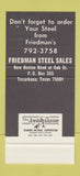 Matchbook Cover - Friedman Steel Sales Texarkana TX pipe 30 Stk SAMPLE