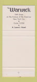 Matchbook Cover - Warwick Hotel New York City 30 Stk SAMPLE