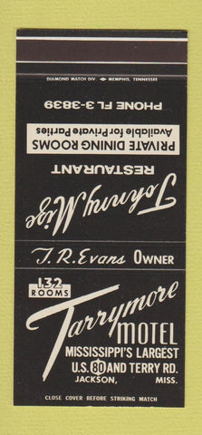 Matchbook Cover - Tarrymore Motel Jackson MS 30 Stk SAMPLE