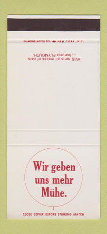 Matchbook Cover Avis Car Rentals Plymouth Wir geben Uns Mehr Muhe 30 Stk SAMPLE