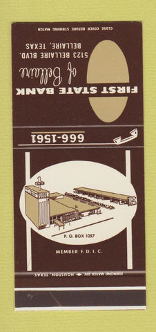 Matchbook Cover - First State Bank Bellaire TX 30 Stk SAMPLE