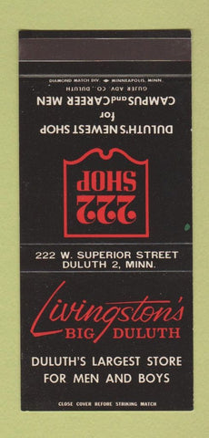 Matchbook Cover - Livingston's Men's Boys Clothes Duluth MN 30 Stk SAMPLE