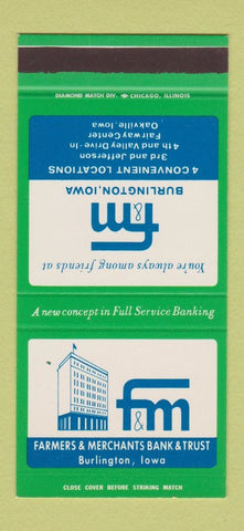 Matchbook Cover - Farmers & Merchants Bank Burlington IA 30 Stk SAMPLE