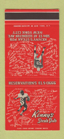Matchbook Cover - Kenny's Steak Pub New York City Football  30 Stk SAMPLE