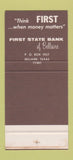 Matchbook Cover - 1st State Bank of Bellaire TX 30 Stk SAMPLE