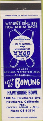 Matchbook Cover - Hawthorne Bowl bowling CA billiards