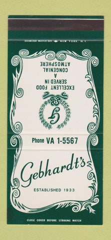 Matchbook Cover - Gebhardt's Glendale LI NY Restaurant 30 Stk SAMPLE