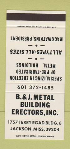 Matchbook Cover - B&J Metal Buildings Jackson MS 30 Stk SAMPLE