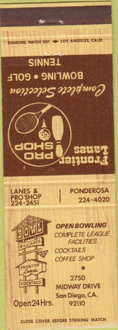 Matchbook Cover - Frontier Lanes Bowling San Diego CA wood grain