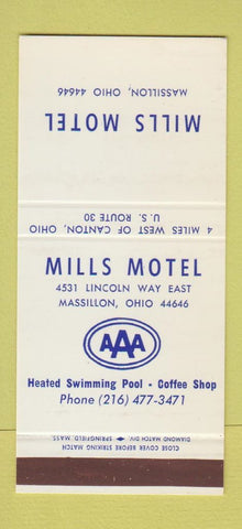 Matchbook Cover - Mills Motel Massillon OH 30 Stk SAMPLE