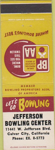 Matchbook Cover - Jefferson Bowling Center Culver City CA