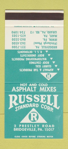 Matchbook Cover Russell Asphalt Bridgeville PA Irwin Mars Girard 30 Stk SAMPLE