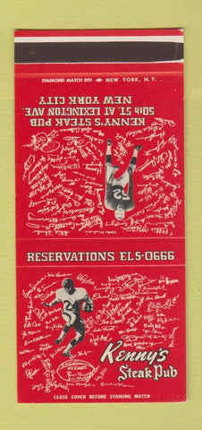 Matchbook Cover - Kenny's Steak Pub New York City Football  30 Stk SAMPLE