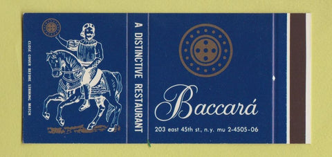 Matchbook Cover - Baccara Restaurant New York City 30 Stk SAMPLE