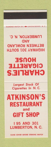 Matchbook Cover - Atkinson's Restaurant Charlie's Cigarettes Lumberton NC SAMPLE