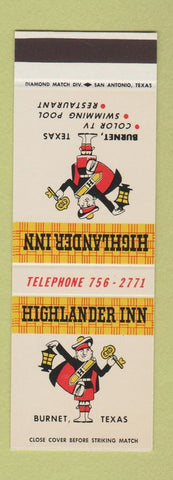 Matchbook Cover - Highlander Inn motel Burnet TX SAMPLE