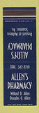 Matchbook Cover - Allen's Pharmacy Scanton PA Willard Allen SAMPLE