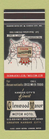 Matchbook Cover Glenwood Manor Motor Hotel Overland Park KS Best WEstern SAMPLE