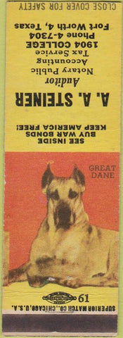 Matchbook Cover - AA Steiner Auditor Accounting Fort Worth TX Great Dane