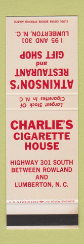 Matchbook Cover - Atkinson's Restaurant Charlie's Cigarettes Lumberton NC SAMPLE