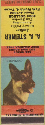 Matchbook Cover - AA Steiner Auditor Accounting Fort Worth TX Shepherd